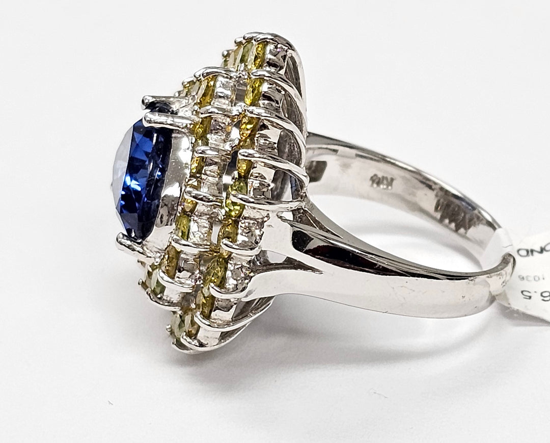 Blue Sapphire ring with diamonds in 14K white gold