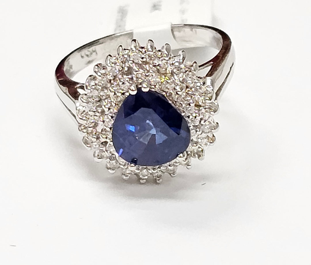 Blue Sapphire ring with diamonds in 14K white gold