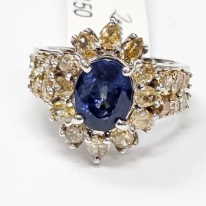 Blue Sapphire ring with diamonds in 14K white gold
