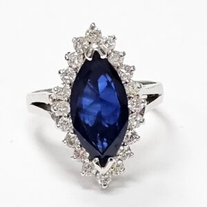 Blue Sapphire ring with diamonds in 14K white gold