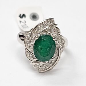 Emerald with diamonds ring in 14K White Gold